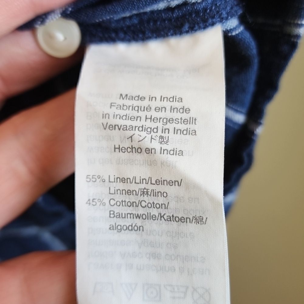 JCREW Linen Blend Denim Top Full Button Front Cinching Waist Contrasting Stripes - Picture 8 of 15